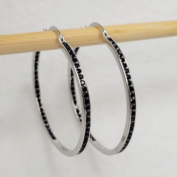 Sterling Silver 2" Black Spinel Hoops - Picture 3 of 12